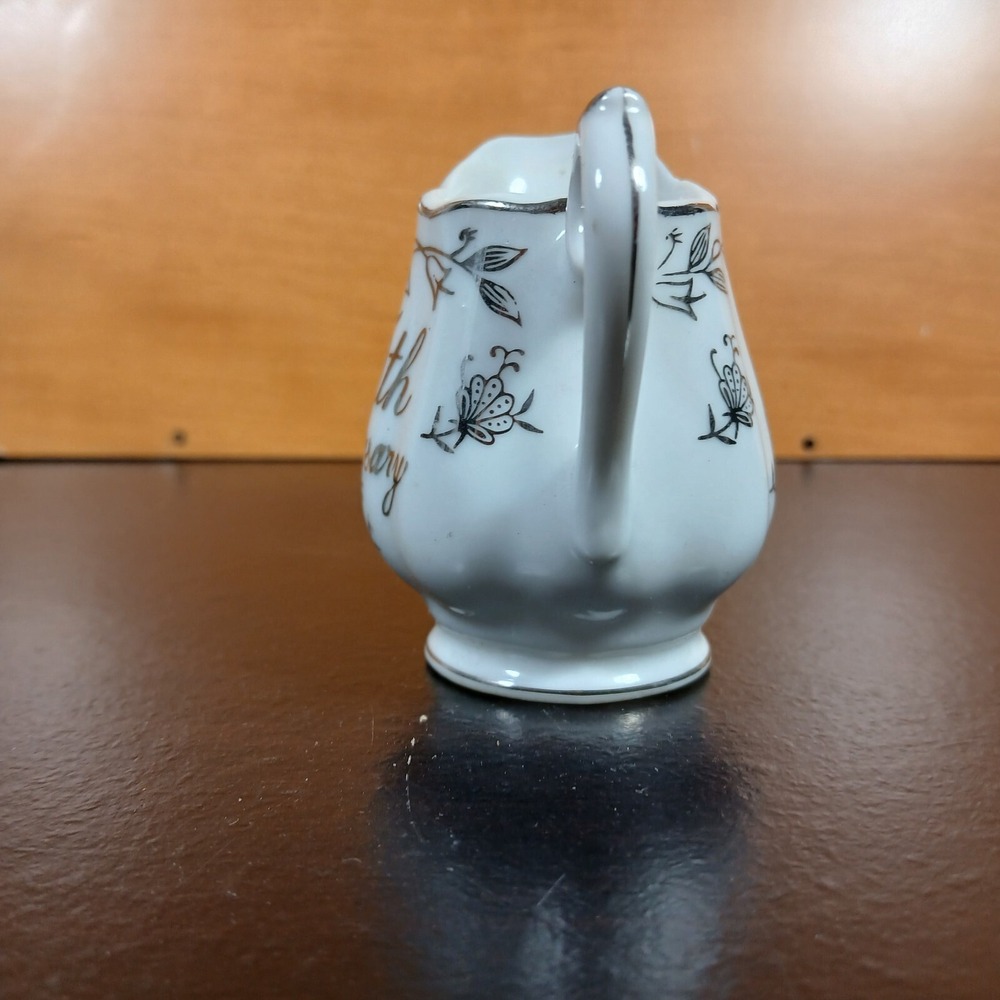 Vintage 25th Anniversary Creamer Pitcher Porcelain Silver White Floral Vine - Picture 4 of 8